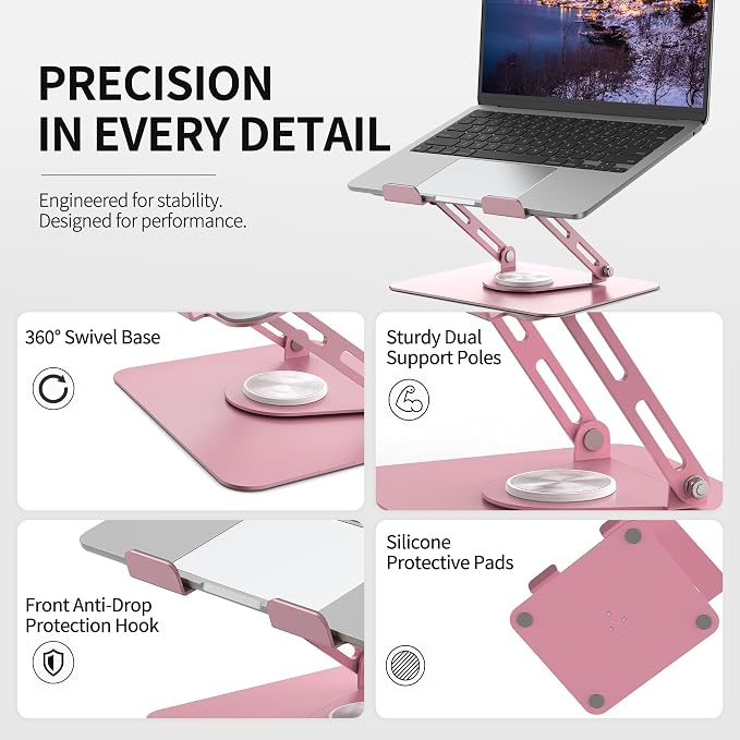 ALASHI Laptop Stand for Desk with 360° Rotating Base, Multi-Angle Adjustable Laptop Stands, Foldable Laptop Riser Compatible with 10 to 17 Inches PC Computer, Pink - Image 4