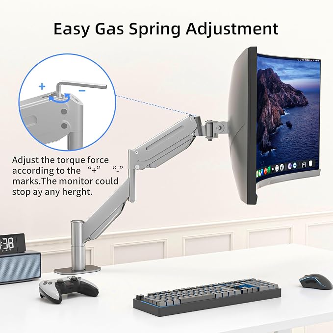 Suptek Ultrawide Monitor Arm Mount for 17 to 43 Inch Heavy Duty Curved Screen,Holds 28.6 lbs,Adjustable Gas Spring Monitor Arm Desk Mount Stand,75/100 Vesa Mount,Silver(MD71MS) - Image 6