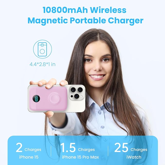 Magnetic Portable Charger 10800mAh,4-in-1 Wireless Power Bank with iWatch Charger, QC4.0+20W PD Fast Charging USB C Battery Pack with LCD Display for Magsafe,iPhone 16/15/14/13/12,Apple Watch, Pink - Image 2