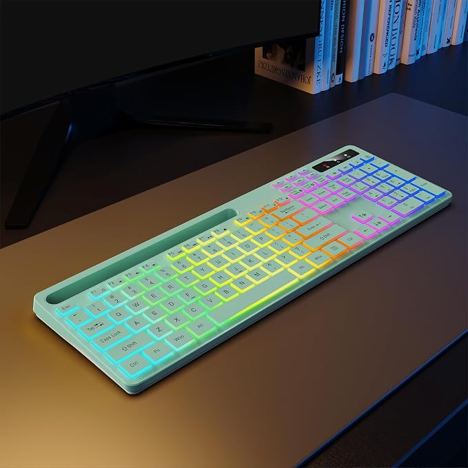 Wireless Keyboard with 7-Color RGB Backlit, Soueto Full-Size Computer Keyboard with Phone Tablet Holder, 2.4G Rechargeable Gaming Keyboard with Light Up Keys, Compatible with Mac, Windows (Mint Green) - Image 9