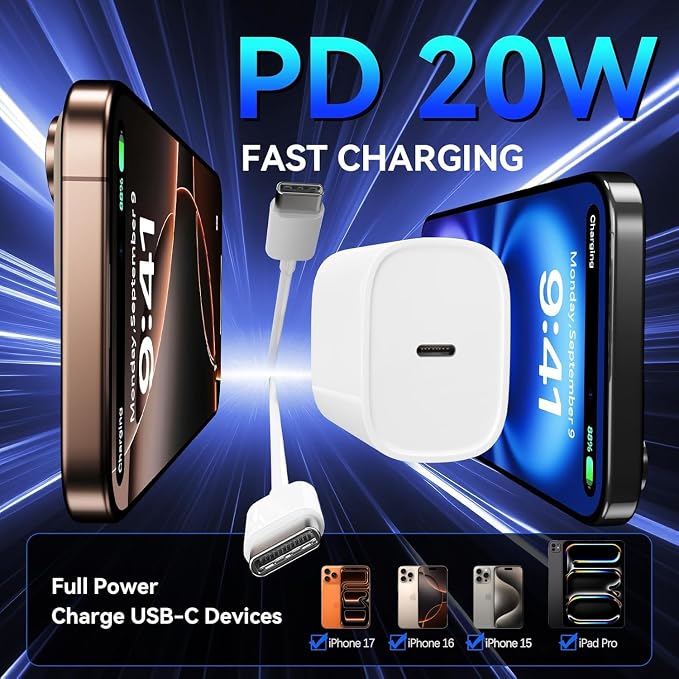 iPhone 17 16 15 Fast Charger, 2-Pack 20W USB C Wall Charger Plug with 6FT Type C High-Speed Fast Charging Cable for Apple iPhone 17 Pro Max/Pro/Air,iPhone 16/15 Pro Max/Pro/Plus/iPad Pro/Mini/AirPods - Image 2