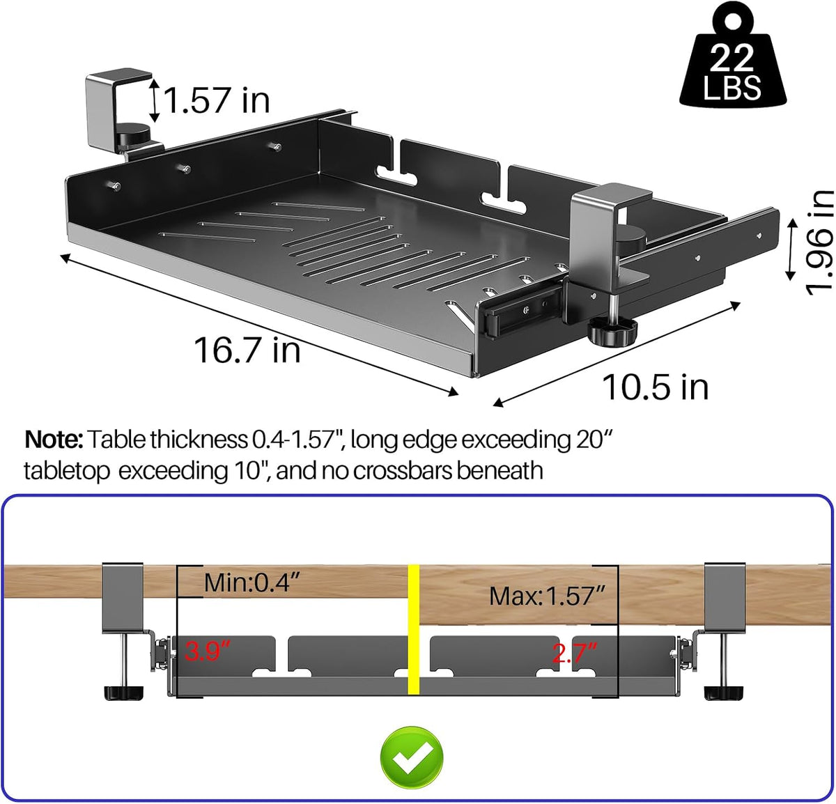 BYMECOST Sliding No Drill Under Desk Laptop Mount, Metal Storage Shelf - Image 2