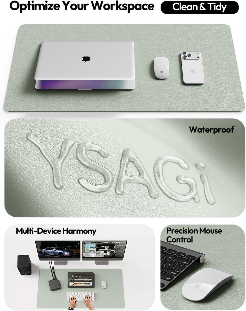 YSAGi Leather Desk Protector, Office Mat, Large Mouse Mat, Non-Slip PU Leather Blotter, Laptop Pad, Waterproof Writing Pad for Office and Home (Grayish Green, 23.6" x 13.8") - Image 8
