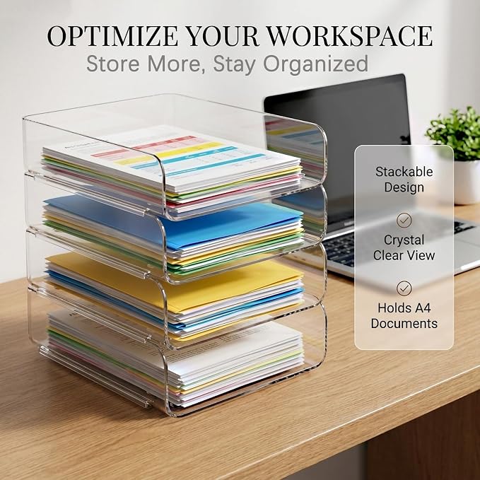 DCA 4 Tier Clear Desk Organizer, Stackable Paper Tray, Desktop File Sorter | Letter & A4 Compatible | Space-saving | Office, Home & School - Image 4