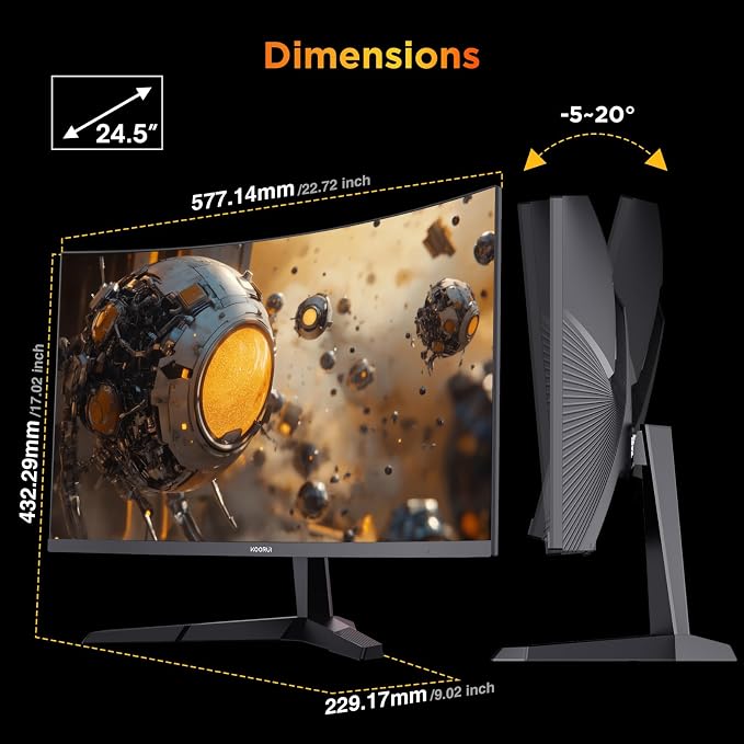 KOORUI 25 inch Curved Gaming Monitor 240Hz FHD 1080P, 1500R 1ms Display | Adaptive Sync, 90% DCI-P3, Eye Care, HDMI×2 and DP, VESA Mount, Tilt, FPS Gaming, Esports Players, Competitive Gaming - Image 13