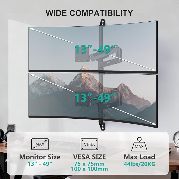 WALI Vertical Dual Monitor Wall Mount for 13-49 inch Screens, 44lbs per Arm | Heavy Duty Stacked Ultrawide Monitor Arm for Wall, Full Motion with Tilt, Swivel, Rotation, VESA 75/100mm (GSWM002-P), Black - Image 2