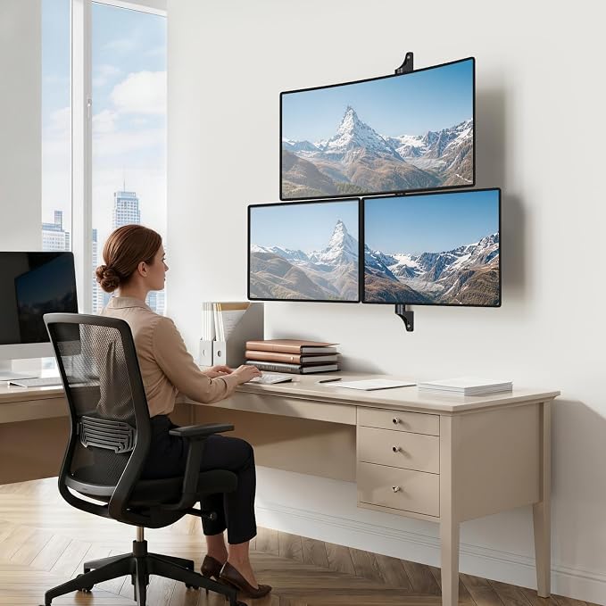 WALI Triple Monitor Wall Mount for 13 to 49 Inch, 3 Monitor Wall Mount Computer Monitor Arm for Ultrawides Screens, Swivel Tilt Wall Mount with VESA 75/100 mm, Per Arm Holds Up to 22lbs - Image 8