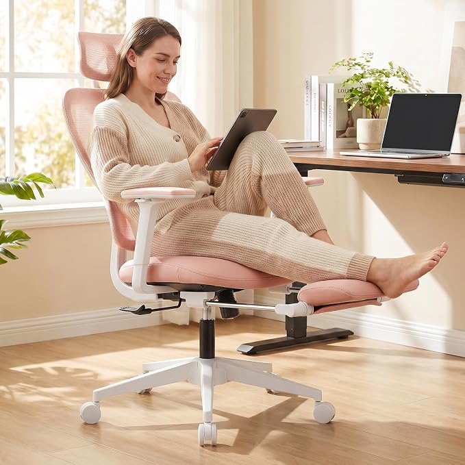 Ergonomic Office Chair with Footrest and Dynamic Lumbar Support, Pink | Reclining high-back computer chair, memory foam seat, 2D armrests, 2D headrest, mesh desk chair for home office, long hours - Image 2