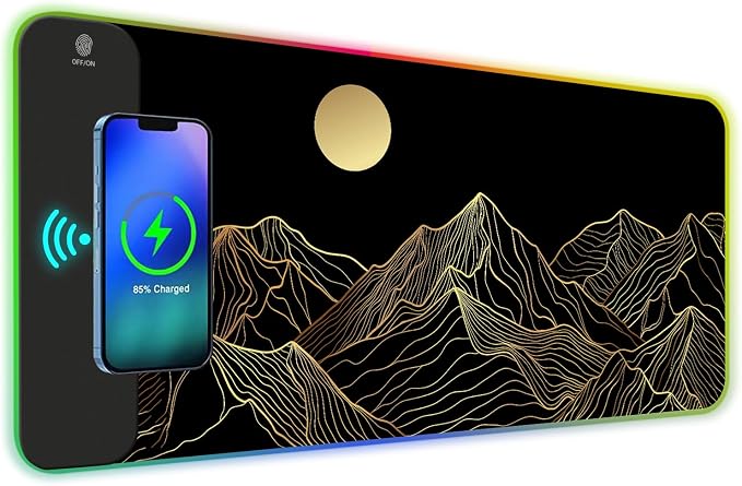 ToLuLu RGB Wireless Charging Gaming Mouse Pad, 7.5/10/15W 10 Light Modes LED Mouse Pad Computer Keyboard Mat Mousepad, 800x300x4MM Extended Large Desk Mat Desk Pad, Sun Shines Over Golden Mountain by ToLuLu