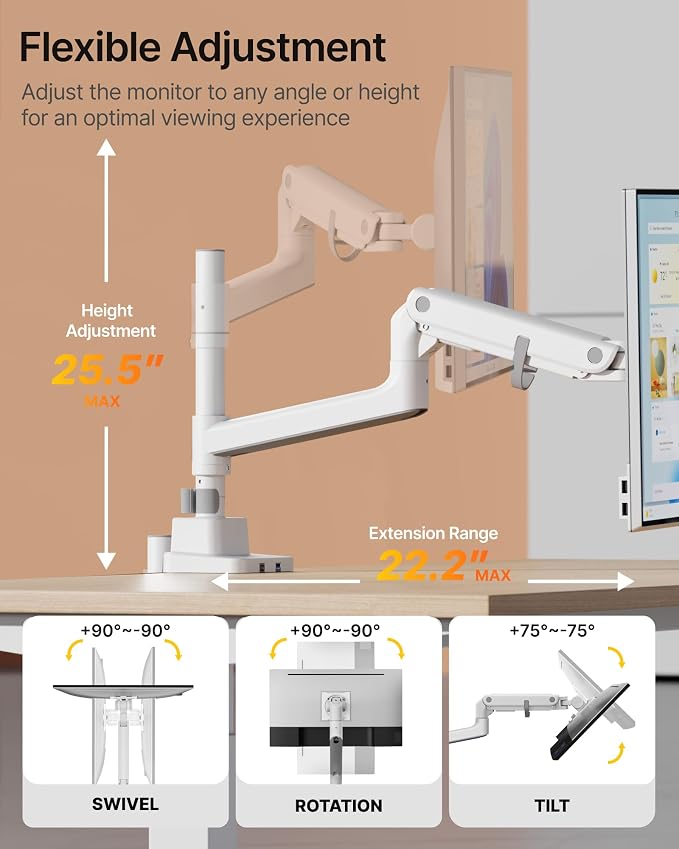 monTEK Ultrawide Monitor Arm Max 57",Height Adjustable 8.1"-25.5",White | Fits 17–57" Curved Monitors, Up to 59.4 lbs,Heavy Duty 75/100 VESA Monitor Stand,No Sag,Gaming & Office Workstation - Image 5