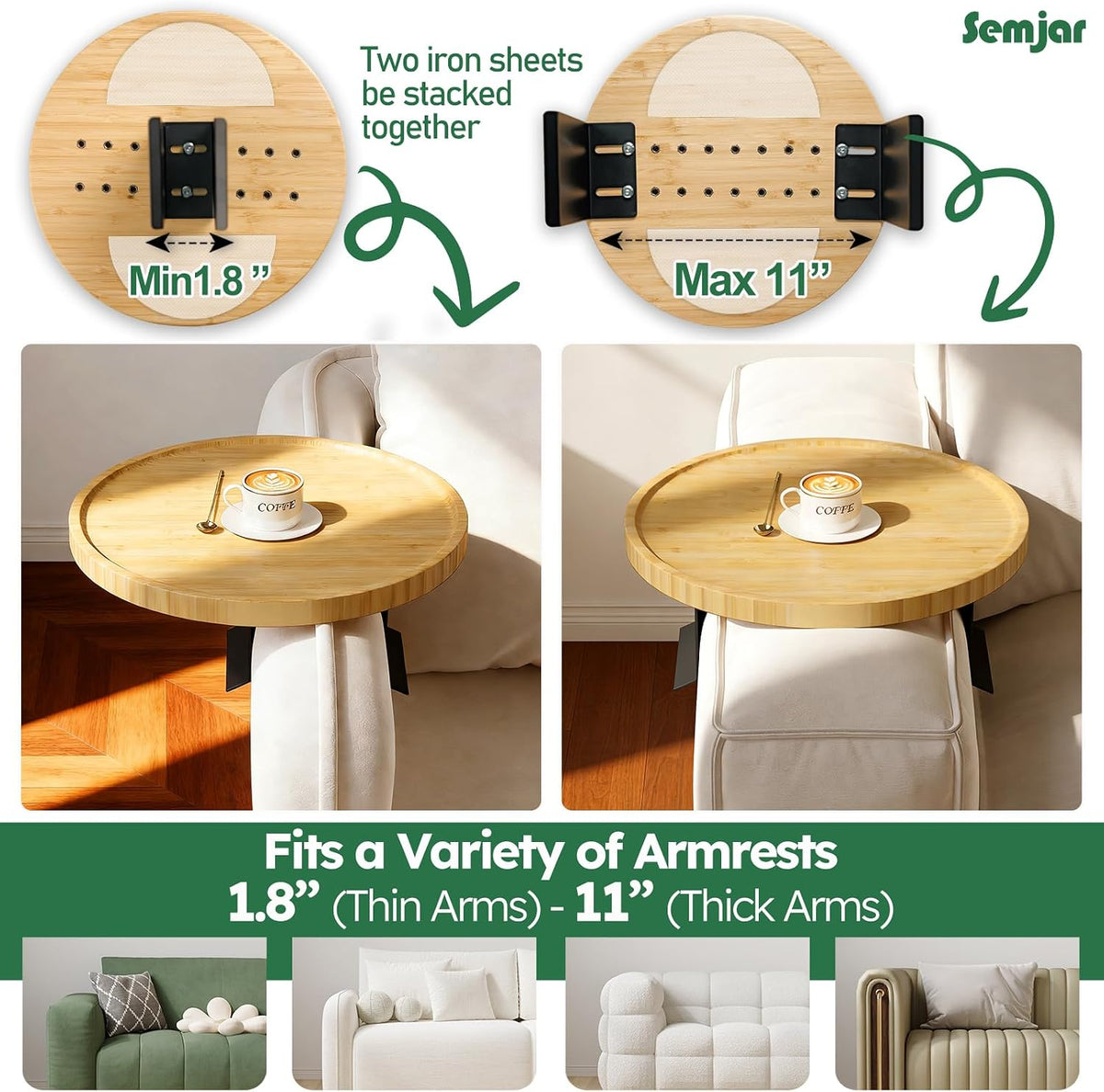 Bamboo Couch Arm Tray,12'' Space Adjustable Sofa Arm Table,Round Chair Arm Table Sofa Armrest Tray for Thin & Wide Couches Arm,Snack Armchair Couch Caddy - Image 6