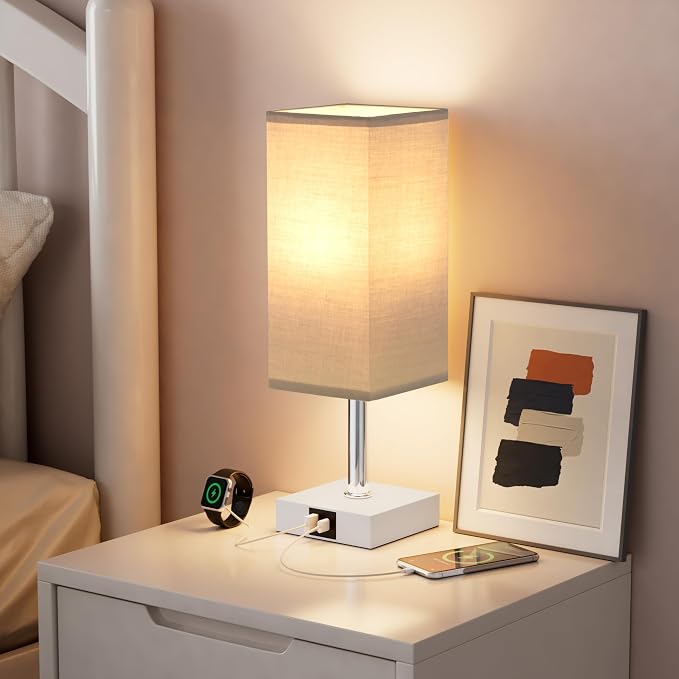 Touch Table Lamp for Bedroom - Dimmable, USB C+A, Grey Lamphade White Base | 3-Way Dimmable, 3000K LED Bulb Included, Square Lampshade, Cute Room Decor for Teen Girls, Kids, Small Lamp for Dorm, Nursery - Image 6