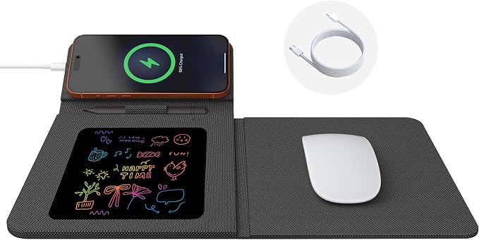 Foldable Wireless Charging Mouse Pad with Writing Tablet,15W Qi Magnetic Fast Charging Travel Mouse Pad,Multi-Functional PU Leather Mat Charging Pad for iPhone Samsung iWatch,Office Home Accessories by XJPOEFY