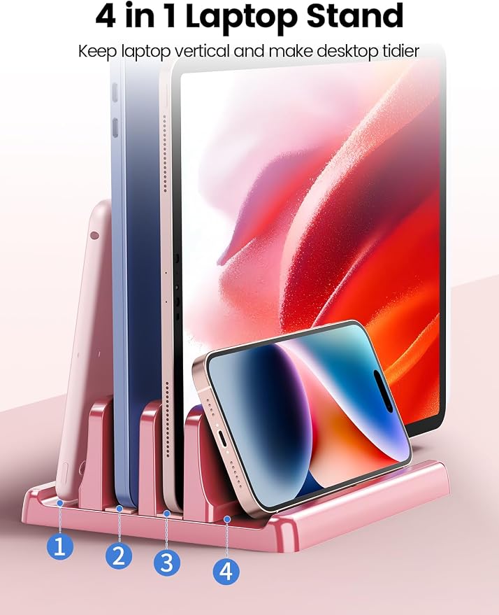 Vaydeer Vertical Laptop Stand for Desk, Dual Slots Plastic Laptop Holder with Space Saving 4-in-1 Design, Adjustable Laptop Stand Supports MacBook, Chromebook, Surface, Dell (Pink Rose) - Image 2