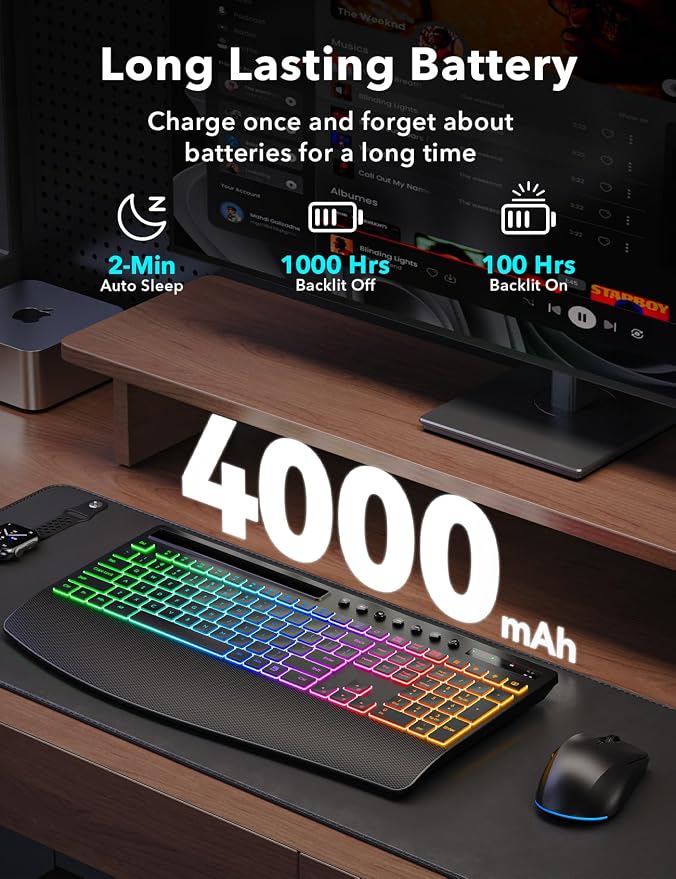 Trueque Wireless Keyboard and Mouse Combo, 4000mAh Battery, Wrist Rest | Rechargeable, 15 Backlit Effects, Full Size, Phone Holder, Quiet Typing, 2.4GHz Wireless, USB-A & C Connectivity for Windows - Image 2