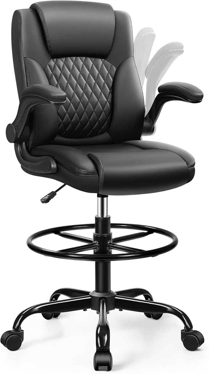 Drafting Chair, Tall Office Chair for Standing Desk, High Executive Leather Ergonomic Computer Chair with Adjustable Height and Flip-Up Armrest for Counter Height Desk, Black, Pack of 1 by BrickAttic
