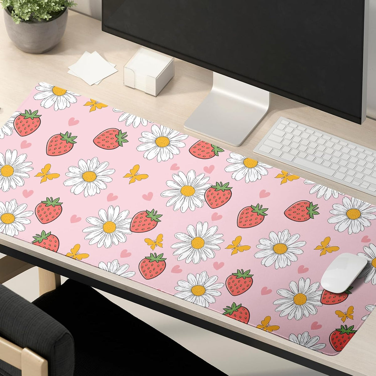 Strawberry Mouse Pad Pink Cute Desk Mat Large Gaming Mousepad Pink Keyboard Pad 31.5x11.8in Non-Slip Rubber Base Pastel Kawaii Mousepad Laptop for Office Gaming Computer Home Accessories Supplies - Image 6