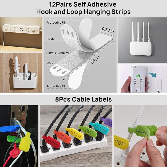 Cable Management Kit - 4 Cable Sleeve, 57 Self Adhesive Cable Clips, 12 Hanging Strips, 12 Cable Organizer Straps and 100 Fastening Cable Ties for TV Computer Under Desk (Black and White) - Image 5