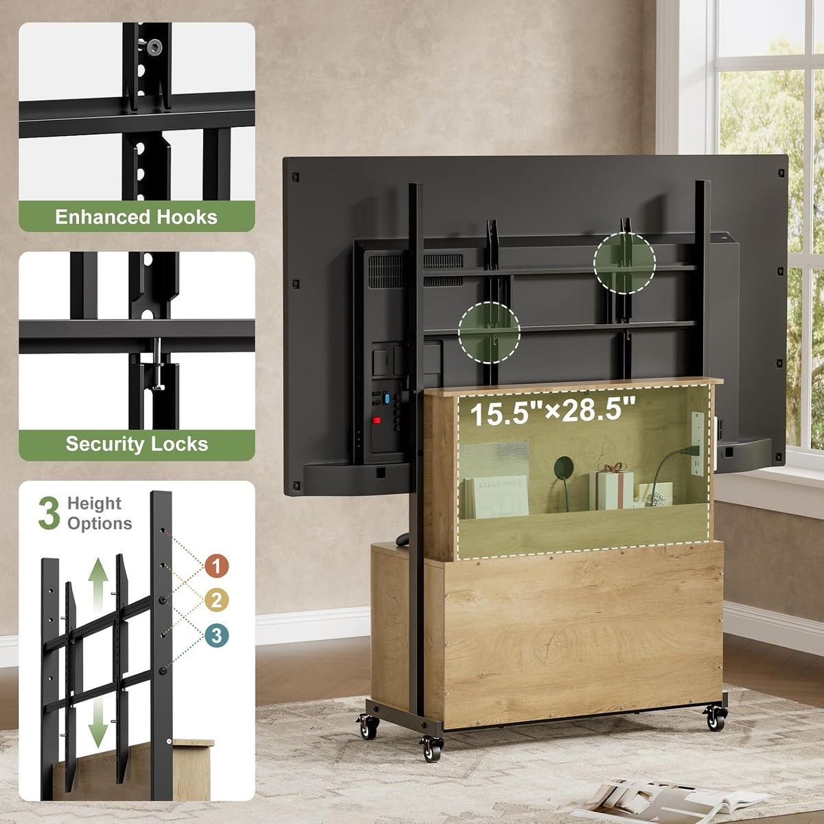 Planimetry Rolling TV Stand with Mount for 32-75 Inch, Wood - Image 4
