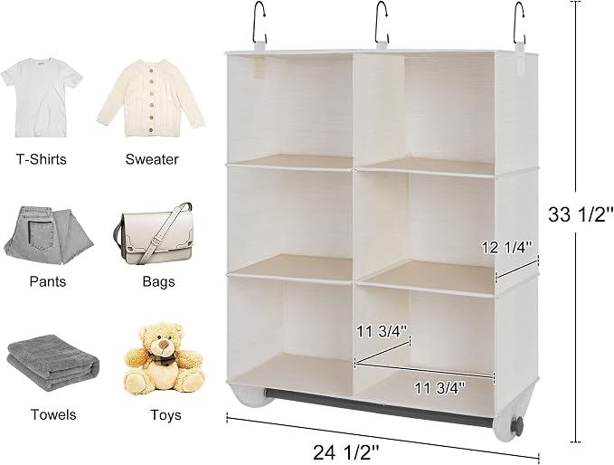 StorageWorks Hanging Closet Organizer with Rod, 6 Sections, 3 Tiers, White | Maximize Closet Space with 6 Open Sections and Built-in Rod for Hanging Clothes Below - Image 3
