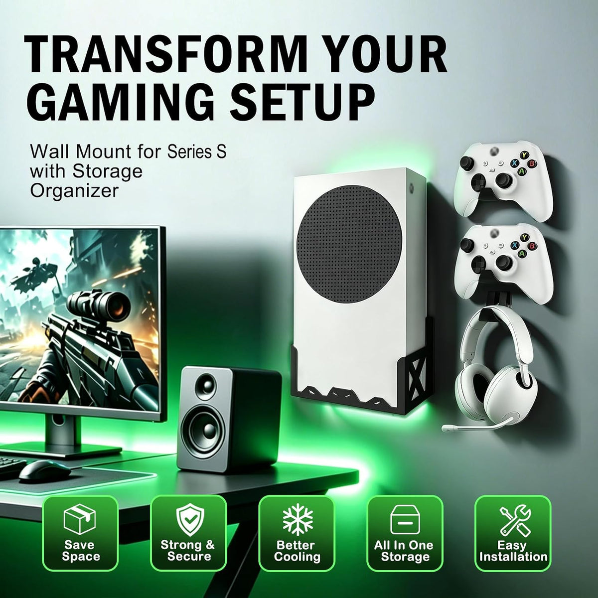 Wall Mount Kit for Xbox Series S,Steel Mount Includes Detachable Controller Holder and Headphone Stand （NOT for Xbox ONE S） - Image 9
