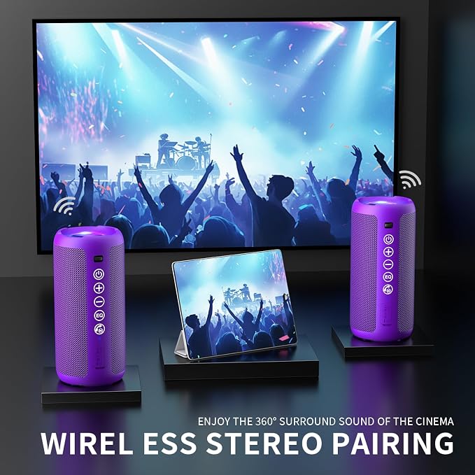 Ortizan Portable Bluetooth Speaker: IPX7 Waterproof, 24W Loud Sound, Purple | Deep Bass, Bluetooth 5.3, LED Lights, Wireless Stereo Pairing, 30H Playtime, for Home/Outdoor/Party/Beach, Birthday Gift - Image 3