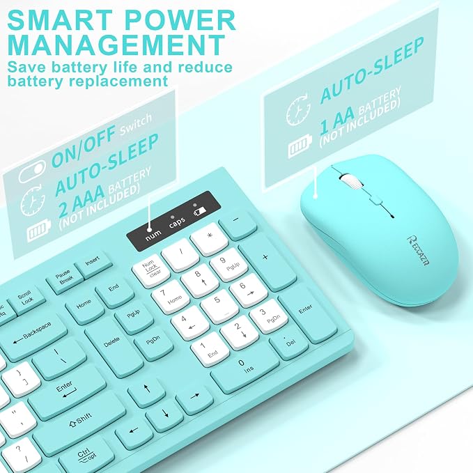 Wireless Keyboard and Mouse Combo Silent for Office and Home(Tifany Blue-B) | 2.4G Full Size Silent Cordless Keyboard with Tilt Legs,3-Level DPI Quiet Mouse,for Windows/Mac OS/Desktop/Laptop/PC - Image 4