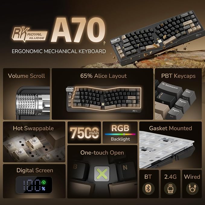RK ROYAL KLUDGE A70 Wireless Ergonomic Keyboard, Alice Split Mechanical Keyboard w/Bluetooth/2.4GHz/Wired, 65% RGB Gaming Keyboards with Knob and PBT Keycap, Gasket Hot Swappable Linear Cream Switches - Image 2