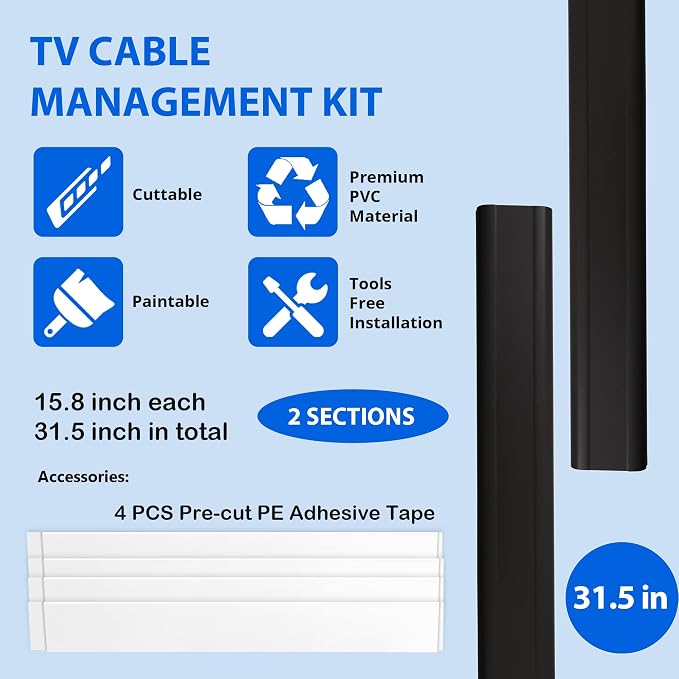 ZhiYo TV Cord Cover for Wall, 32 inch Cable Concealer, Cord Hider for Wall Mounted TV, Paintable Wire Cover to Hide Wires, Black Cable Raceway Kit, 2X L15.8in W1.5in H0.75in - Image 4
