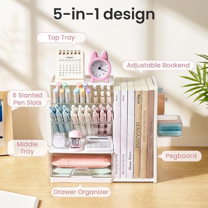 Sooez Desk Organizer with Bookends, Pegboard & Drawer, Pen & Pencil Holder | Desk Accessories with 5 Compartments, Teacher School Office Supplies, Dorm Room Organization Storage for Sticky Notes, Pink - Image 3