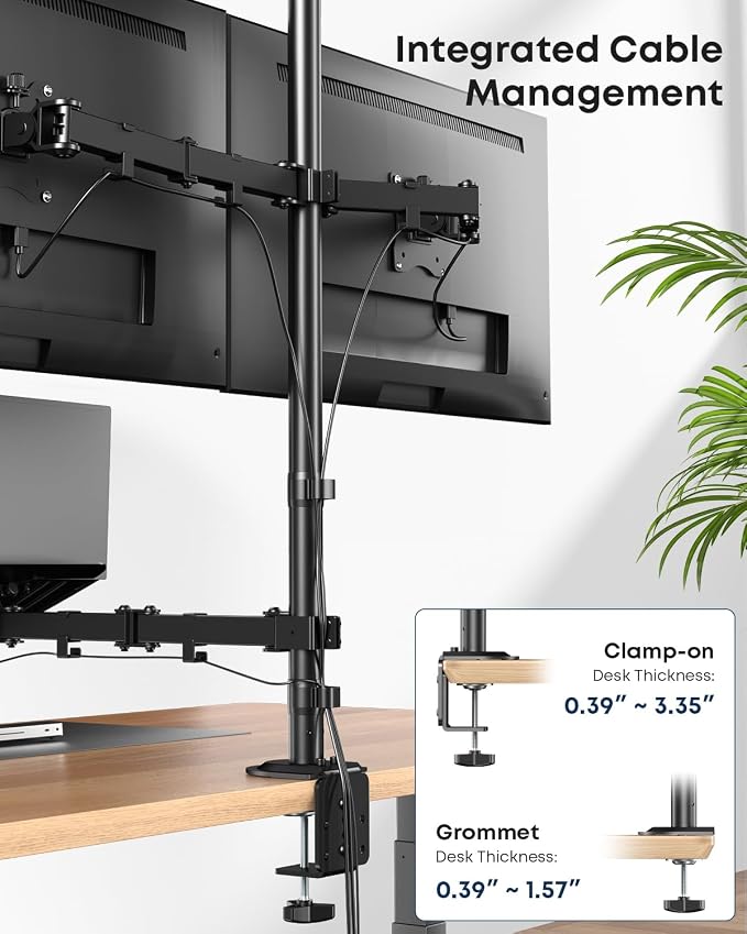Dual Monitor and Laptop Desk Mount fits 17-32 Inch, Full Motion | Premium Matel, Extra Long Pole, 19.8 lbs Per Arm, Adjustable Stand, C-Clamp & Grommet, VESA 75/100 mm, Black - Image 6