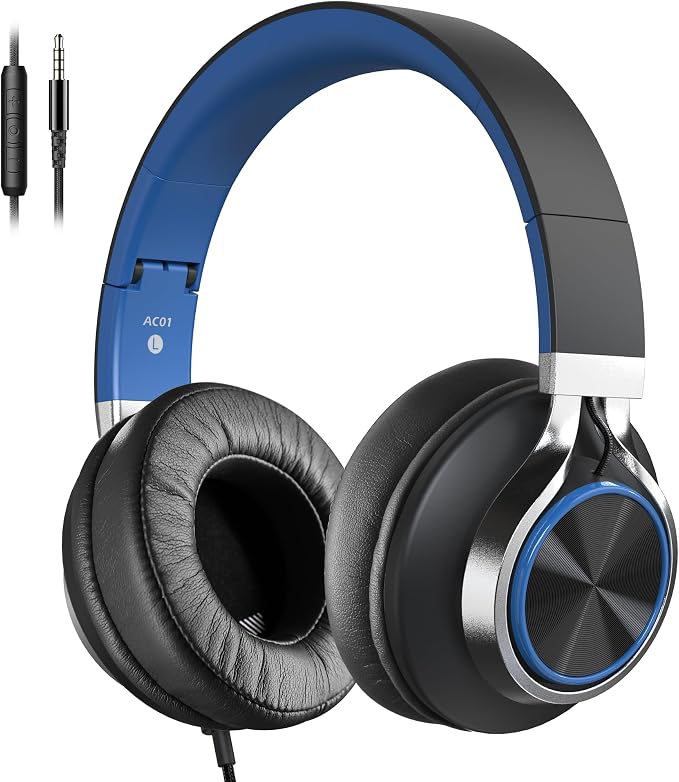 AC01 Over-Ear Headphones Wired with Mic Volume Control, Black Blue | Passive Noise Isolating Corded Stereo Headsets for Adults Teens Kids 3.5mm for School, Chromebooks, Laptop, Tablets, Travel by COOSII
