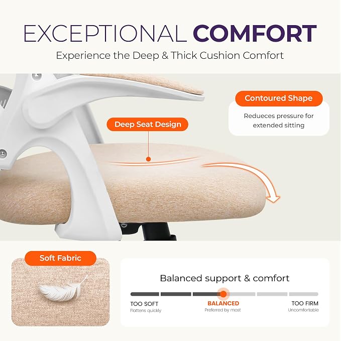 NEO CHAIR Office Desk Chair, Ergonomic Mesh with Flip-Up Armrests, Beige | Lumbar Support, Height Adjustment, 360° Swivel and Rolling Base, Space-Saving Design for Home Office, Vanity or Study - Image 4