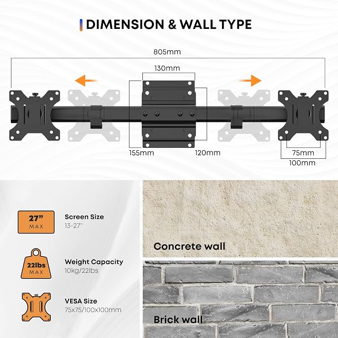 PUTORSEN Dual Monitor Wall Mount, Horizontal Assembly Mount for 2 Monitor Screens up to 27 inches,Max. 10kg, VESA 75x75/100x100mm - Image 5