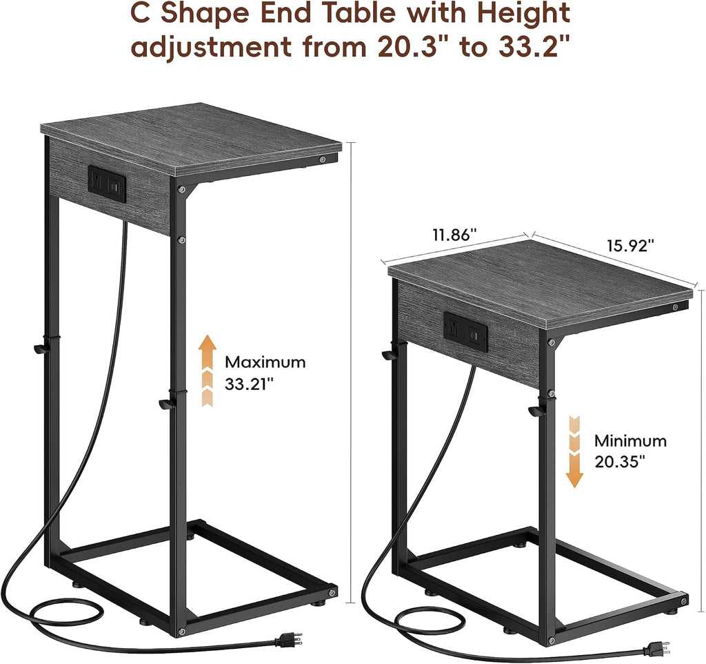 C Shaped End Table with Charging Station, Adjustable Height Side Table for Couch, Small Side Table, 33.2'' Tall Couch Tables that Slide Under, Tv Tray End Table for Living Room, Gray Walnut - Image 3