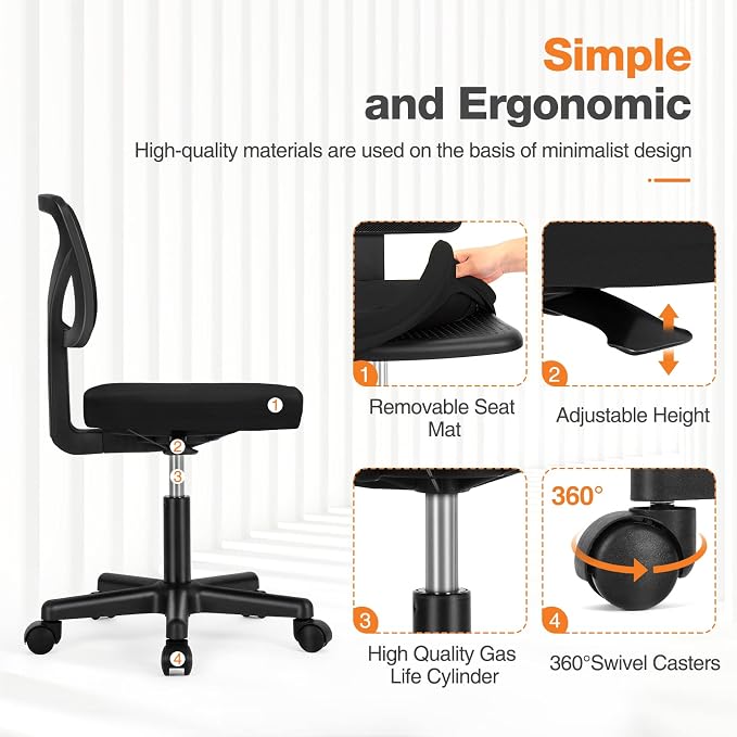 Sweetcrispy Small Armless Desk Chair, Mesh Rolling Office Chairs | Adjustable Ergonomic Lumbar Support, Low-Back, Swivel Wheels, Home Work, Bedroom, Study, Student, Adults, Classic Black - Image 5