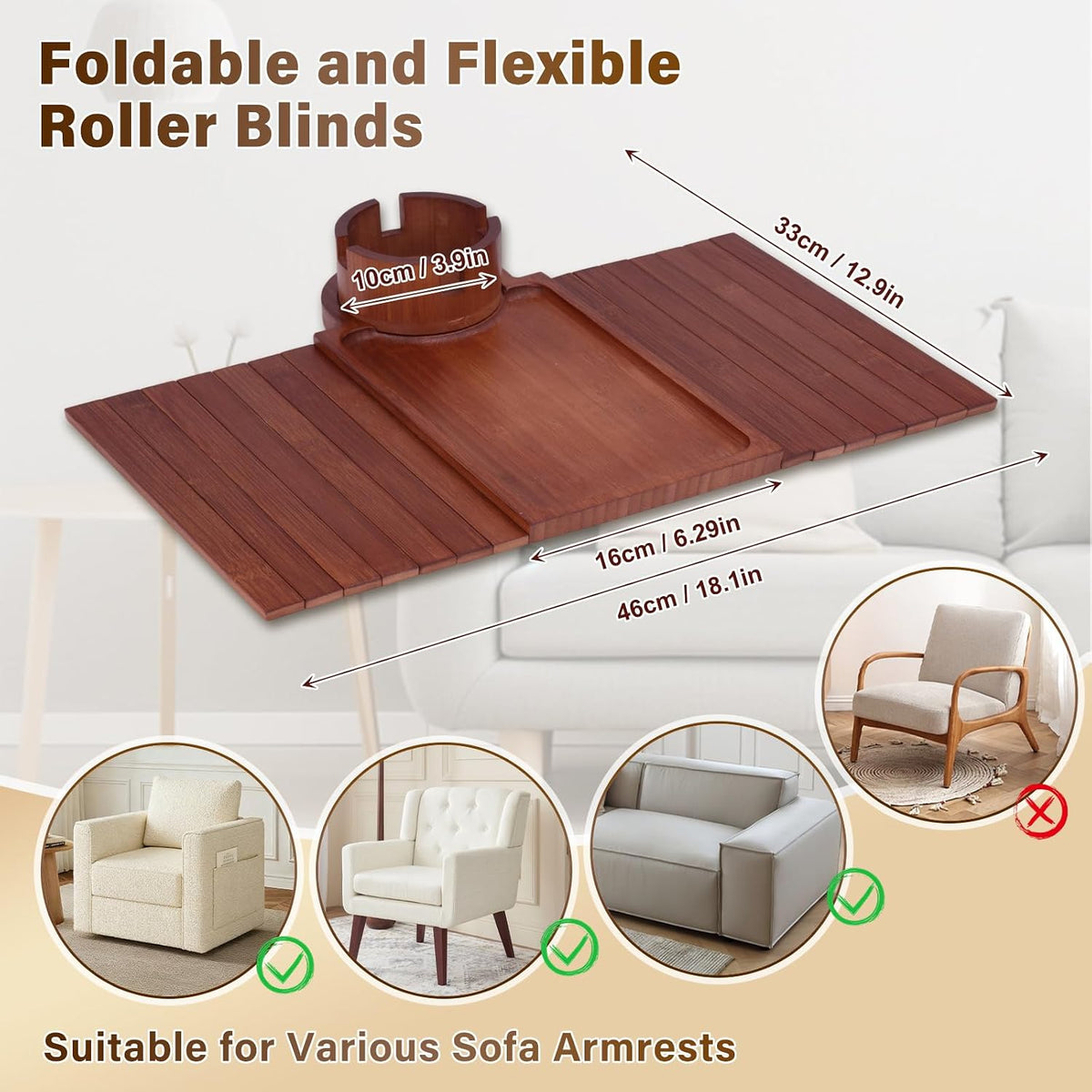 Bamboo Couch Arm Tray, Sofa Armrest Tray, Armrest Table（Walnut） - Image 2