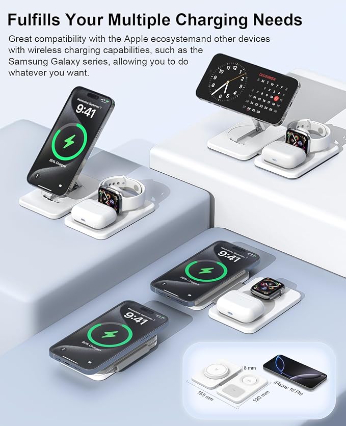 3 in 1 Magnetic Wireless Charger for Apple Multiple Devices, Foldable Fast Charging Station - Magsafe Charger Stand, Travel Charger Pad for iPhone 17 16 15 14 13 12 Series/Apple Watch/AirPods Pro | Magsafe Charger Stand for Multiple Devices, Travel Cha... - Image 4