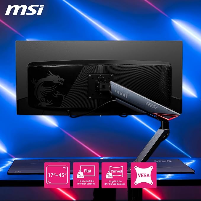 MSI MPG MT161R - Premium RGB Single Monitor Stand Arm, Supports 17-45" Screens and 35.2 lbs, VESA Compatible, Adjustable Spring Assisted Mount, Clamp & Grommet, Quick Release Plate - Black - Image 4