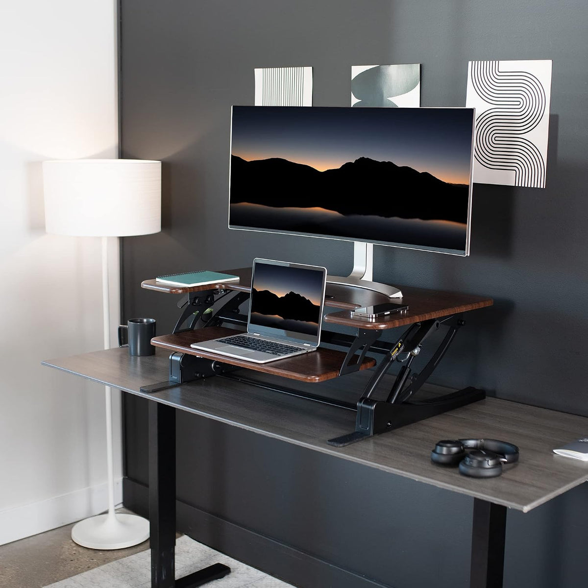 VIVO Dual Tier Standing Desk Converter, 36" Dark Walnut Top - Image 6