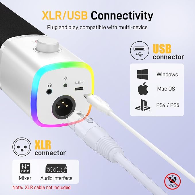 MAONO XLR/USB Gaming Microphone for PC, Dynamic Computer Mic for Streaming Podcasting, Noise Reduction, Mute, Volume Control, RGB Boom Mic for Vocal Recording,Voice-Over, PD100XS White - Image 6