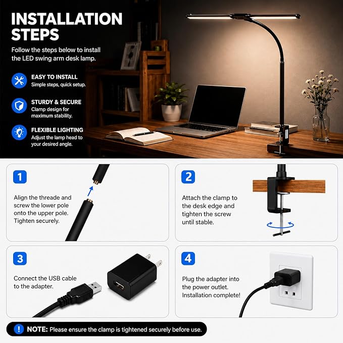LED Desk Lamp for Home Office, Eye-Care Architect Light with Clamp, Double Head Computer Monitor Table Light with 3 Color Modes 10 Brightness, Adjustable for Reading, Study, Workbench, Black - Image 9