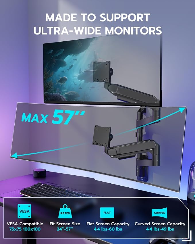 ARES WING Dual Monitor Wall Mount for 24-57 Inch Ultrawide Screen, Black | Premium Heavy Duty Gaming Monitor Arm for 60 lbs, Full Motion Gas Spring, Bearing Head for Easy Adjustment, 75/100 VESA Mount - Image 2