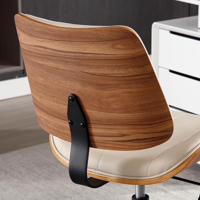 Home Office Desk Chair with Rubber Wheels, Armless Bentwood, Beige | Adjustable Height Armless Office Chair, PU Leather Mid Back 360°Small Computer Chair, No Arms Walnut Seating, 300LBS Support - Image 5