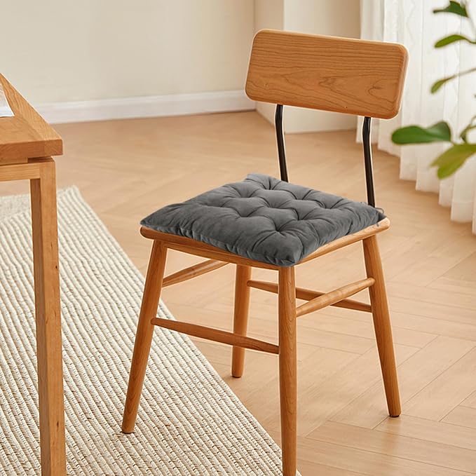 2 Pack Square Seat Cushion Chair Pads for Kitchen Dining Chairs, Soft Comfort Velvet Chair Mat Pillow Cushions with Ties for Office Desk Living Room Tatami 15.5", Dark Gray - Image 6