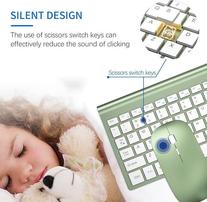 Wireless Keyboard and Mouse Ultra Slim Combo, TopMate - Green White | 2.4G Silent Compact 2400DPI Mouse and Scissor Switch Keyboard Set with Cover, Batteries Included, for PC/Laptop/Windows/Mac - Image 2