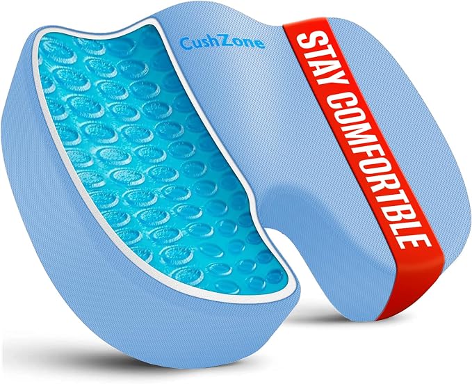 Gel Seat Cushion, Enhanced Memory Foam Cushion for Tailbone Pain, Blue | Cooling Gel for Office Chair, U-shaped Design Chair Cushion for Gaming, Car, Wheelchair, Non-Slip Base, Washable Cover by CushZone