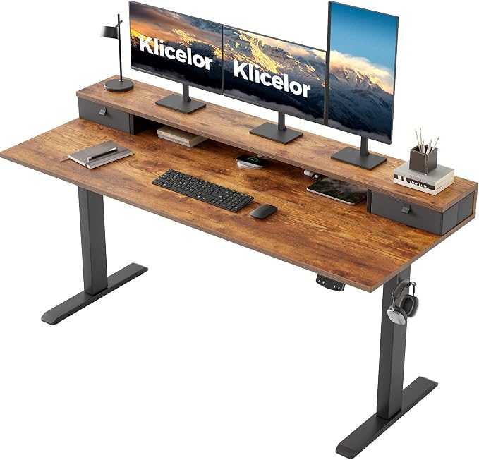 Klicelor 63 x24 Inch Electric Standing Desk with Drawers, Adjustable Height Small Sit Stand Desk for Home Office, Compact Computer Workstation with Storage– Rustic Brown by Unknown