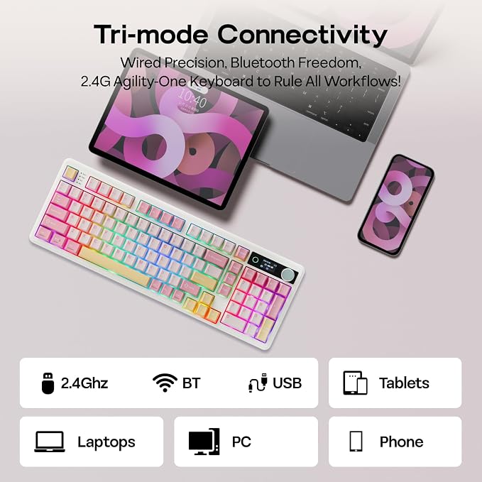 EPOMAKER TH99 PRO 96% Mechanical Keyboard with Screen & Knob, 10000mAh | 2.4Ghz/BT, Hot Swap, Custom Driver, RGB Backlit, PBT Keycap, Wireless Gaming Keyboard for PC/Mac (Pink, Sea Salt Silent) - Image 5