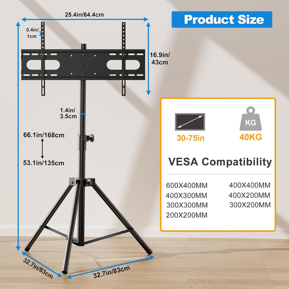 Tripod TV Stand,Outdoor TV Stand for 30-75 inch TVs, Black - Image 6